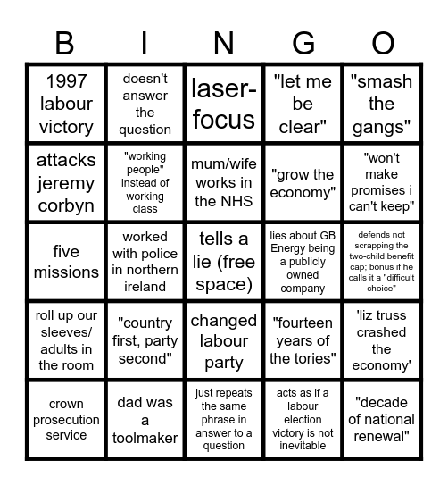 Keir Starmer Bingo Card