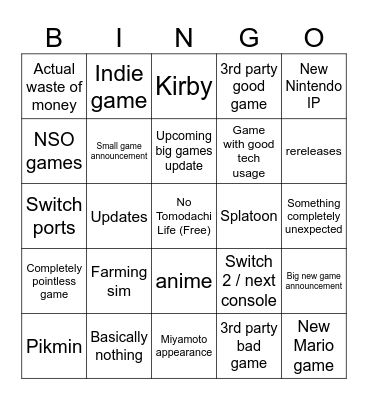 Nintendo Direct Bingo Card