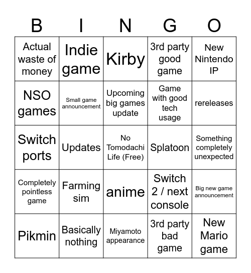 Nintendo Direct Bingo Card