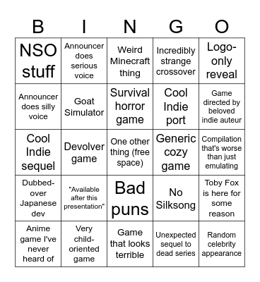 Indie World/Nintendo Partner Direct Bingo Card