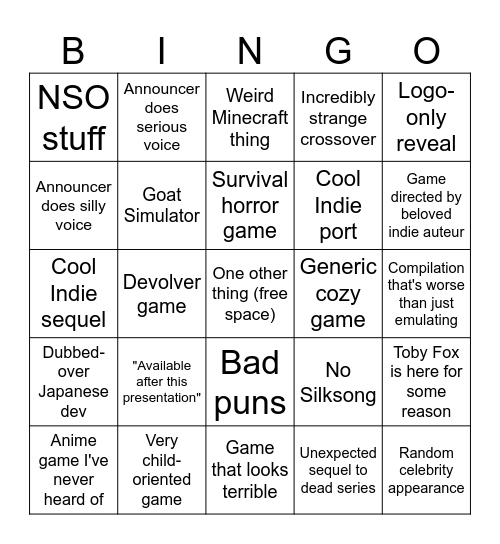 Indie World/Nintendo Partner Direct Bingo Card