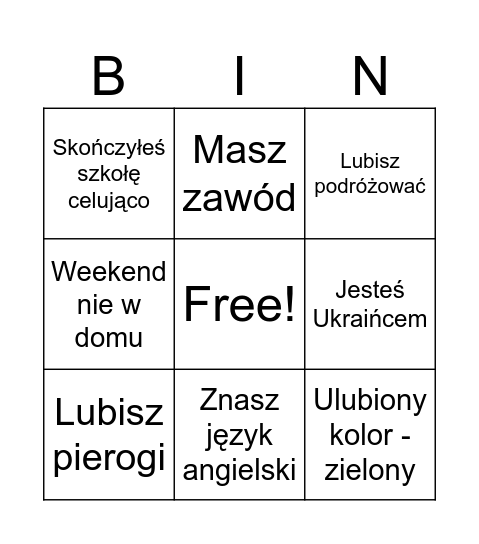 Bingo Poznajemy się Bingo Card