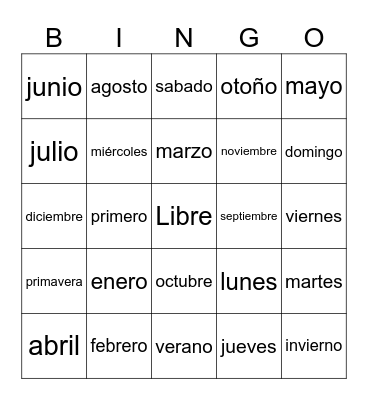 los días - los meses - las estaciones Bingo Card