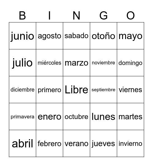los días - los meses - las estaciones Bingo Card