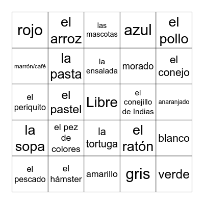 los colores - los animales - la comida Bingo Card