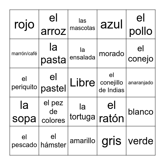 los colores - los animales - la comida Bingo Card