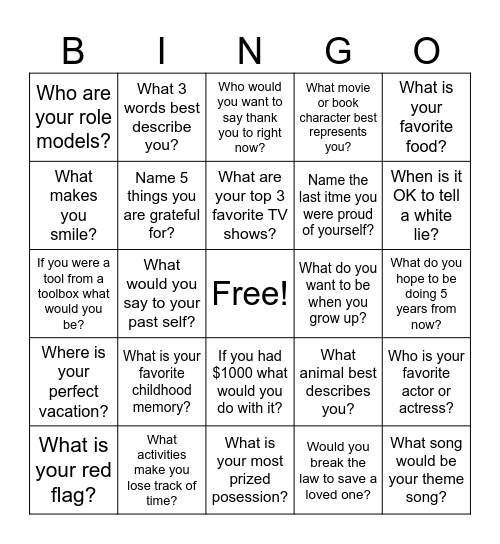 Mental Health Social Bingo Card