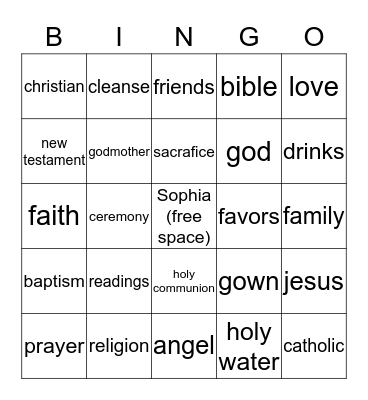 Baptism Bingo Card
