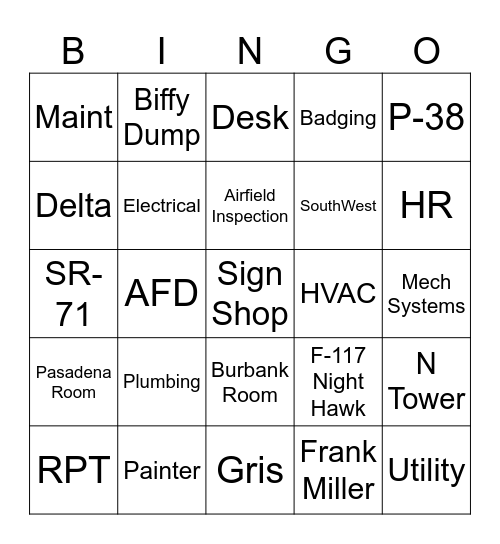 Airport Maintenance Bingo Card