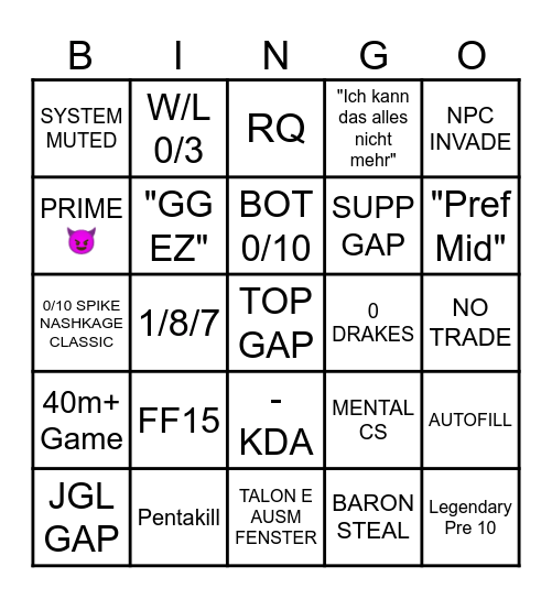 I CANT Bingo Card