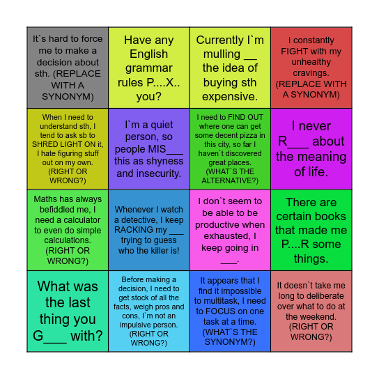 Problems Bingo Card