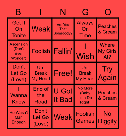 RnB SINGALONG BINGO Card