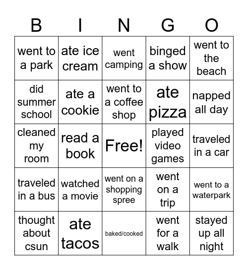 summer Bingo Card