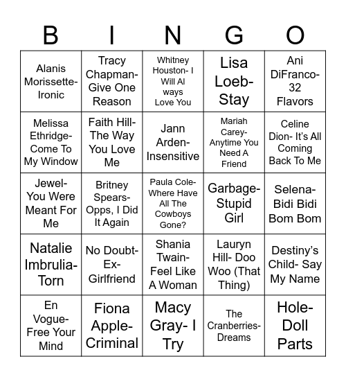 Radio Bingo 90's Ladies Bingo Card