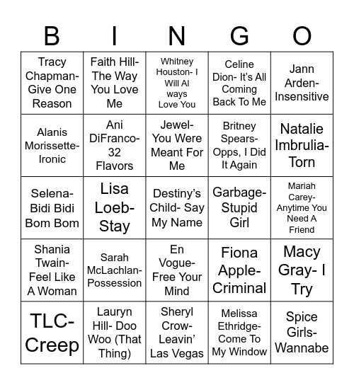 Radio Bingo 90's Ladies Bingo Card