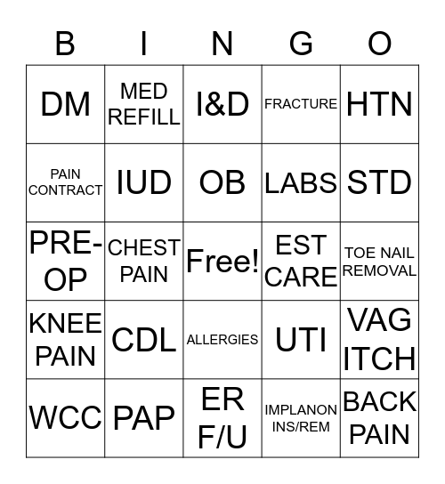 Appointment Bingo Card
