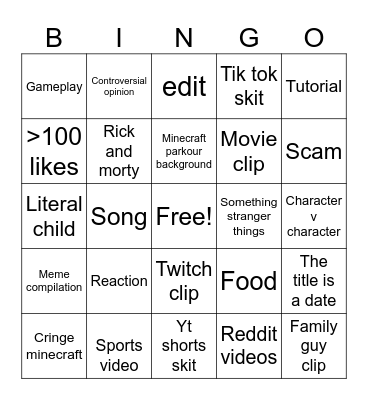 YouTube shorts Bingo Card