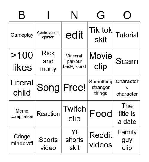 YouTube shorts Bingo Card