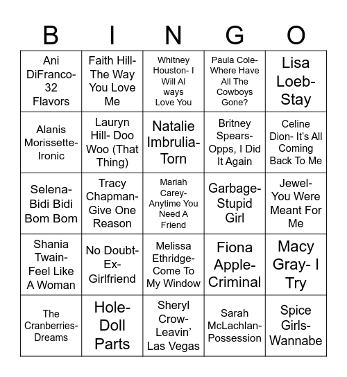 Radio Bingo 90's Ladies Bingo Card