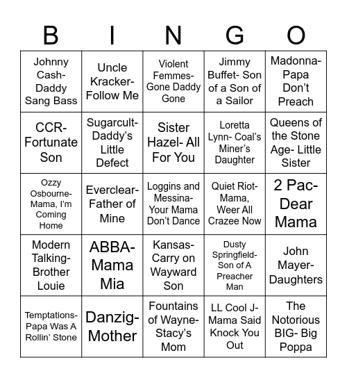 Radio Bingo "Family" Music Bingo Card