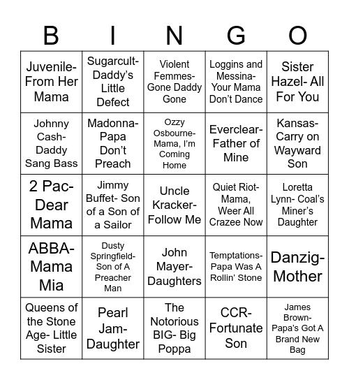 Radio Bingo "Family" Music Bingo Card