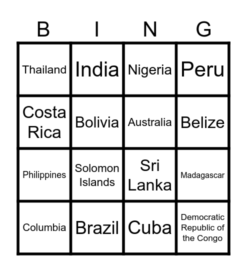 Rainforest Locations Bingo Card