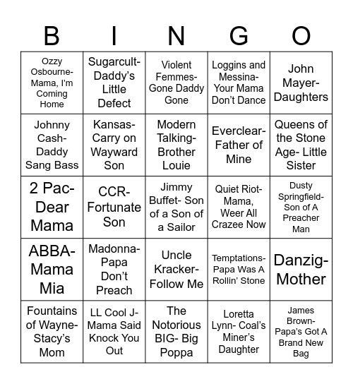 Radio Bingo "Family" Music Bingo Card