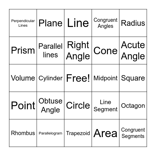 Geometry Vocab Bingo Card