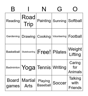 Leisure Skills Bingo Card