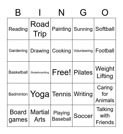 Leisure Skills Bingo Card