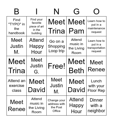 New Resident Bingo Card