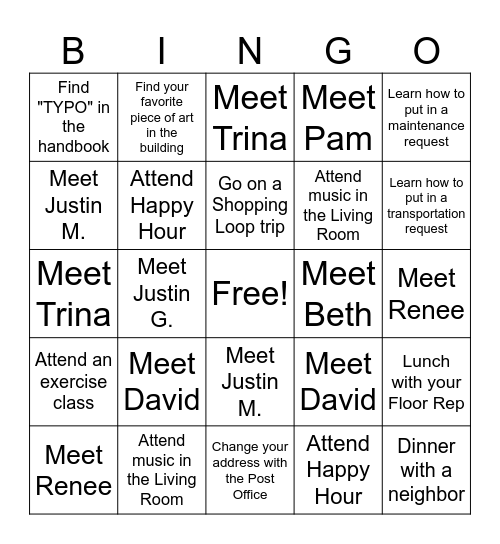 New Resident Bingo Card