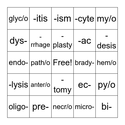 General Medical Terminology BINGO Card