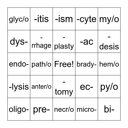 General Medical Terminology BINGO Card