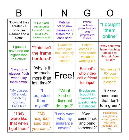 OPTICIAN BINGO Card