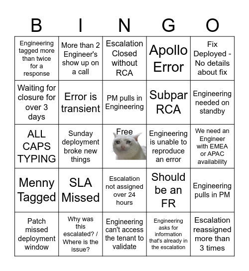 Escalation Bingo Card