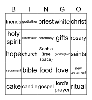 Baptism Bingo Card