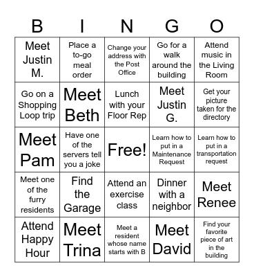 New Resident Bingo Card