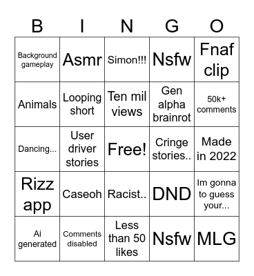 Youtube shorts Suffering Bingo Card