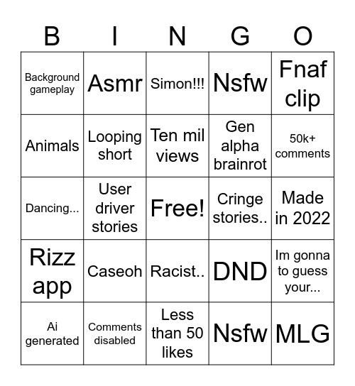 Youtube shorts Suffering Bingo Card