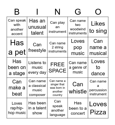 Music Get To Know Bingo Card