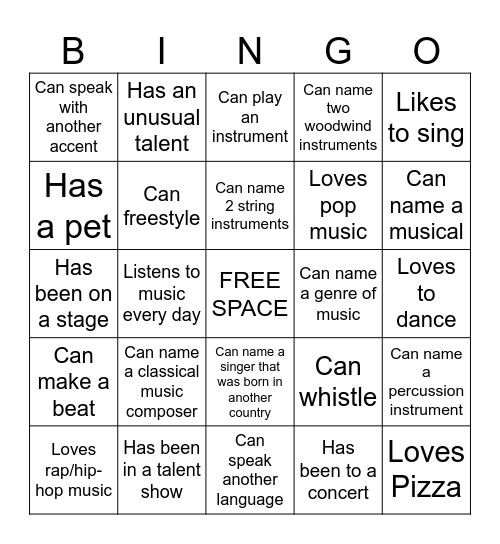 Music Get To Know Bingo Card