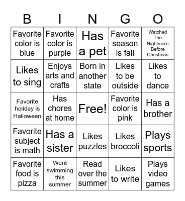 Get to Know Me Bingo Card