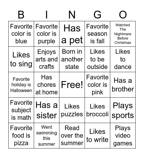 Get to Know Me Bingo Card