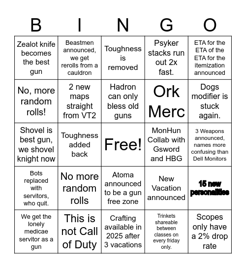 Warptide BINGO Card