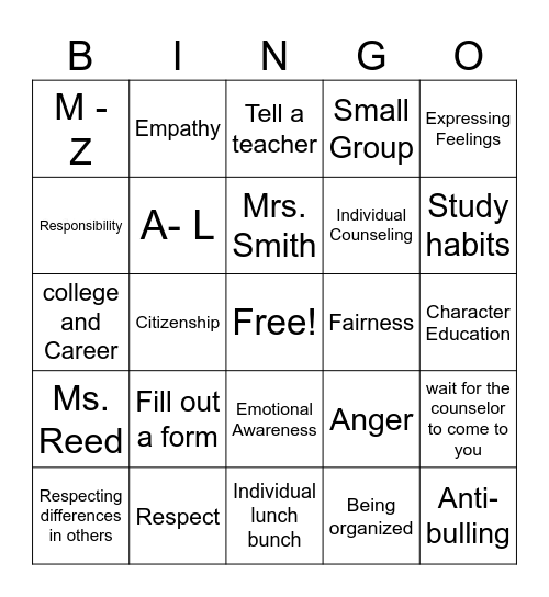 Counselor Bingo Card