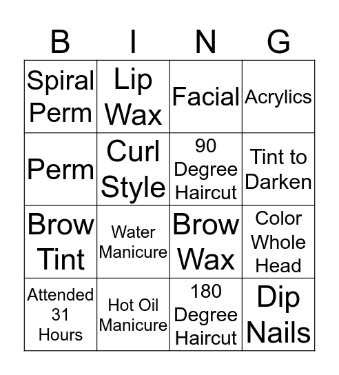 National Beauty College Bingo  Bingo Card