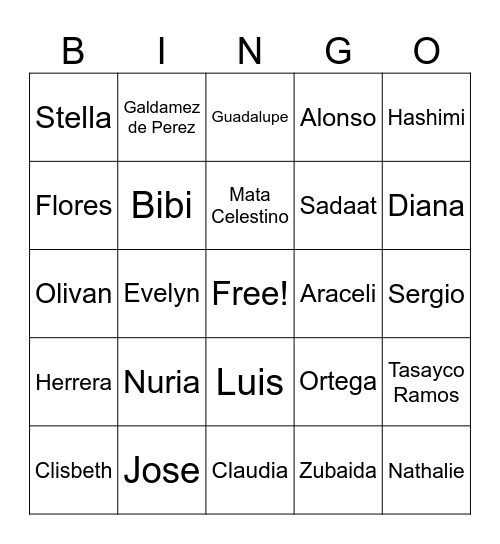 First and Last Names Bingo Card