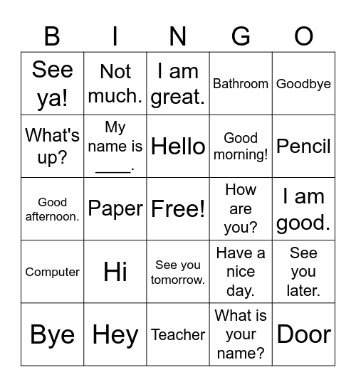 Greetings & Goodbyes Bingo Card