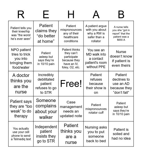 Rehab Week Bingo! PT/OT Edition Bingo Card